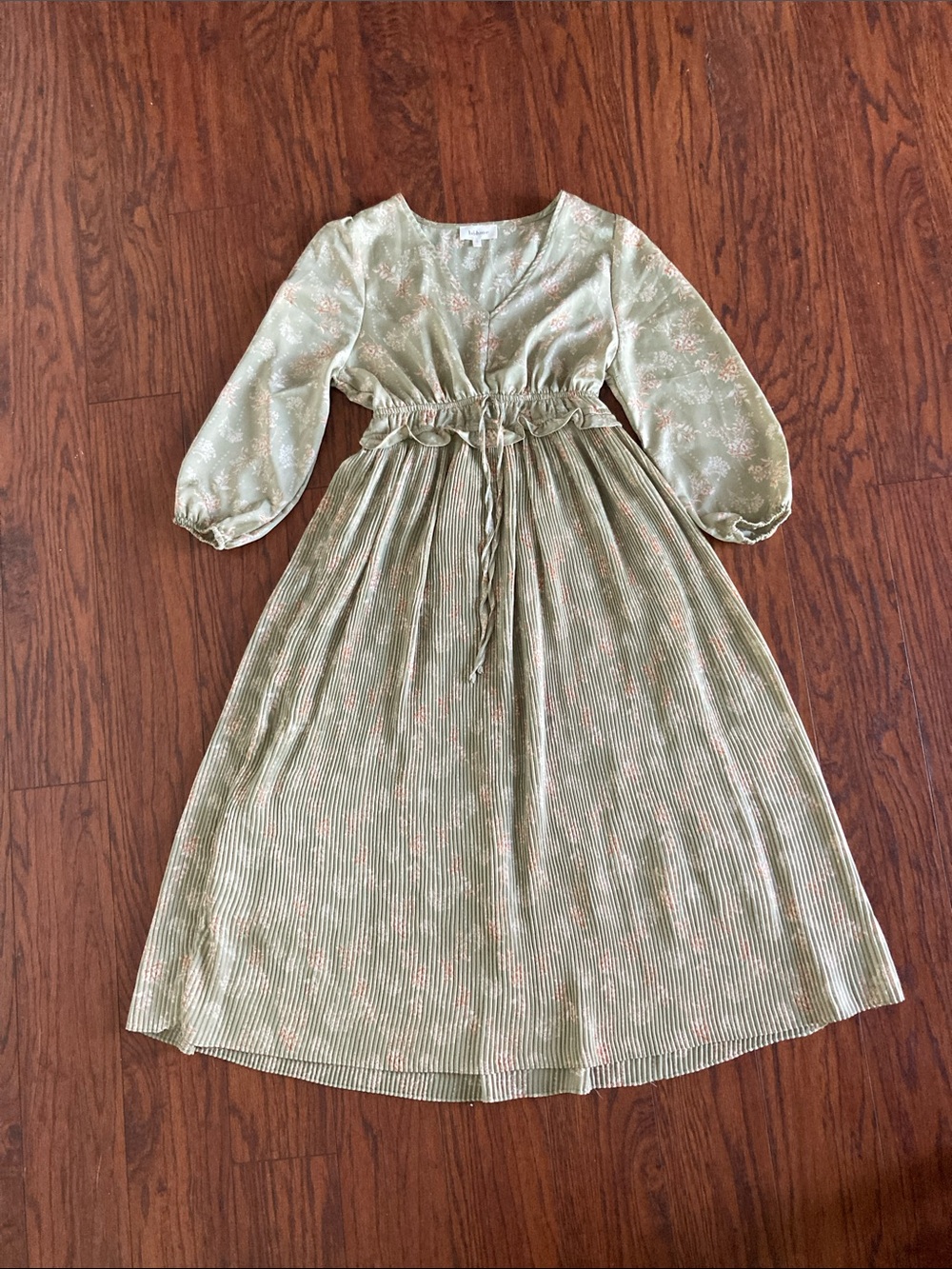 bohme Sage Green Floral Long Sleeve Midi Dress